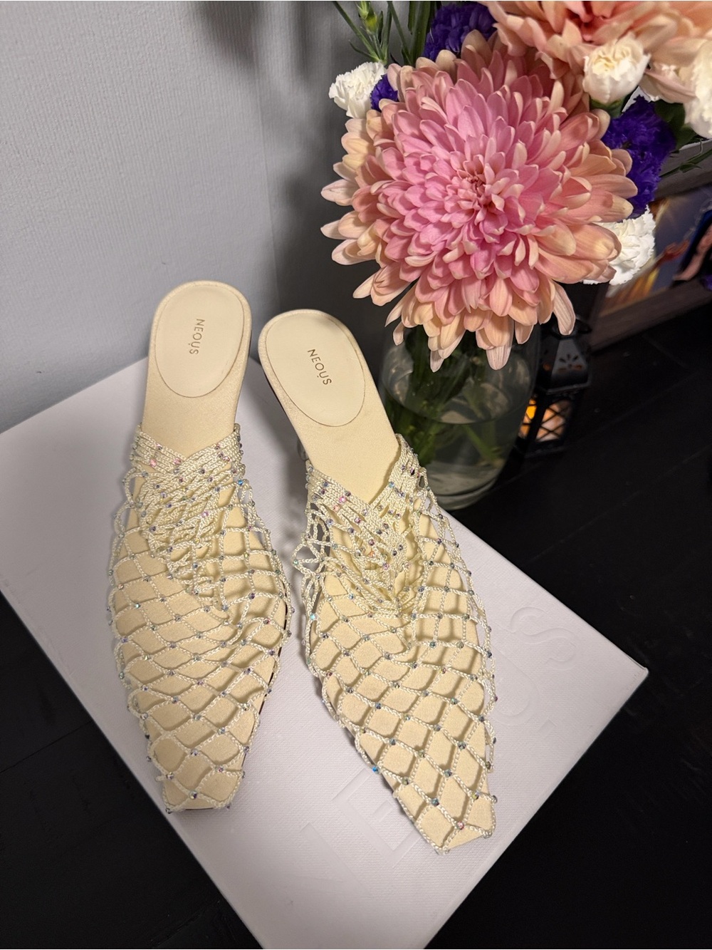 NEOUS Cream Crystal-Embellished Mesh Mules
